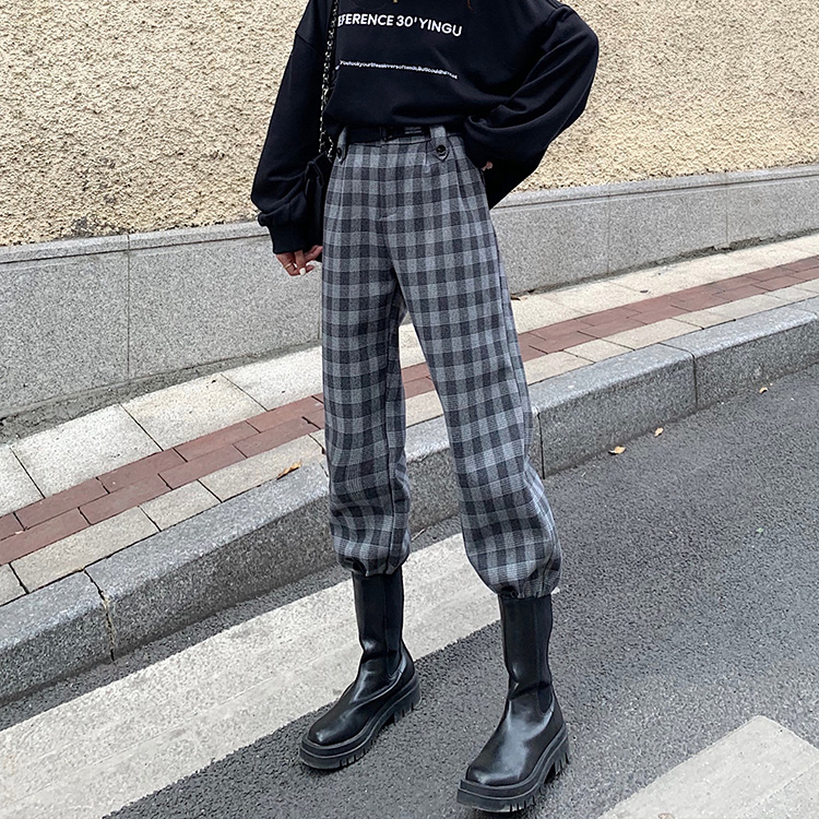 Real price autumn and winter new plush work clothes tweed plaid pants high waisted slim legged casual pants