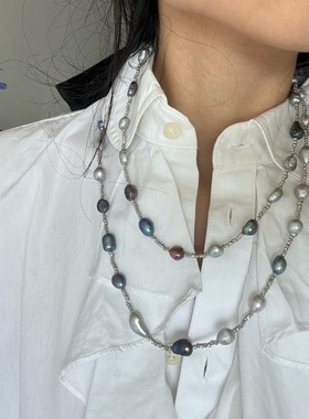 优雅混彩拼色淡水灰珍珠项链