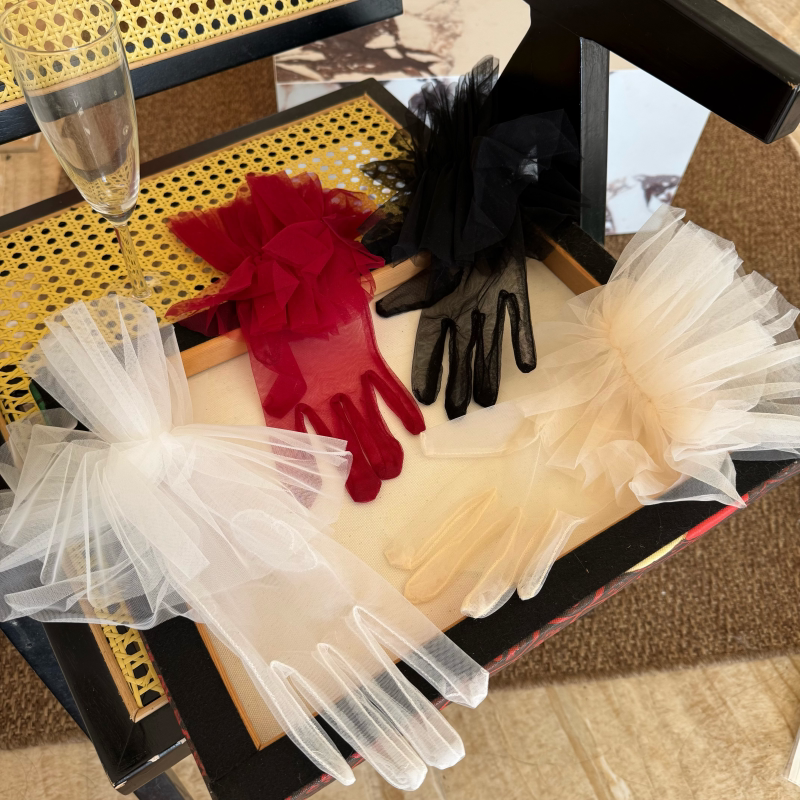 摇儿绕 复古法式优雅花环蓬蓬网纱 褶皱透视晚宴连连指手套短配饰
