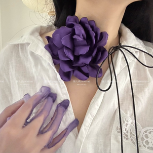 摇儿绕 紫色兰花朵chocker复古法式优雅晚宴项链缎面绳绑带颈链