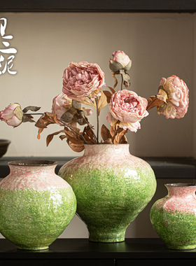 御三泥手工清新绿色渐变新中式家居装饰客厅水培花瓶插花轻奢摆件
