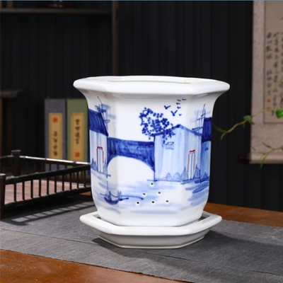 景德镇陶瓷手绘青花透气兰花盆六角大码高盆超大25cm口径高款深盆