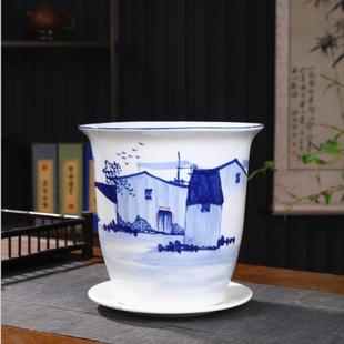 手绘青花景德镇花盆大瓷陶瓷兰花专用盆兰草细高型特大号25cm口径