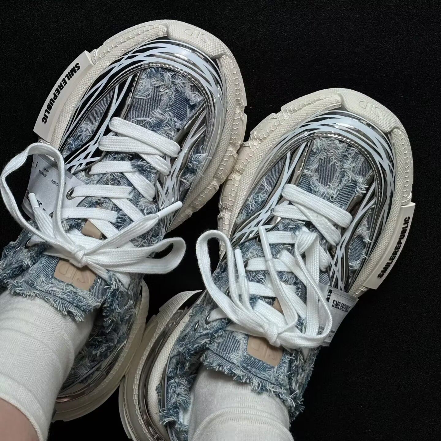 2025新款小众机甲风厚底增高蓝色牛仔須边情侣款老爹鞋,流行男鞋,健步鞋,淘宝优惠券,粉丝福利购,淘宝优惠卷