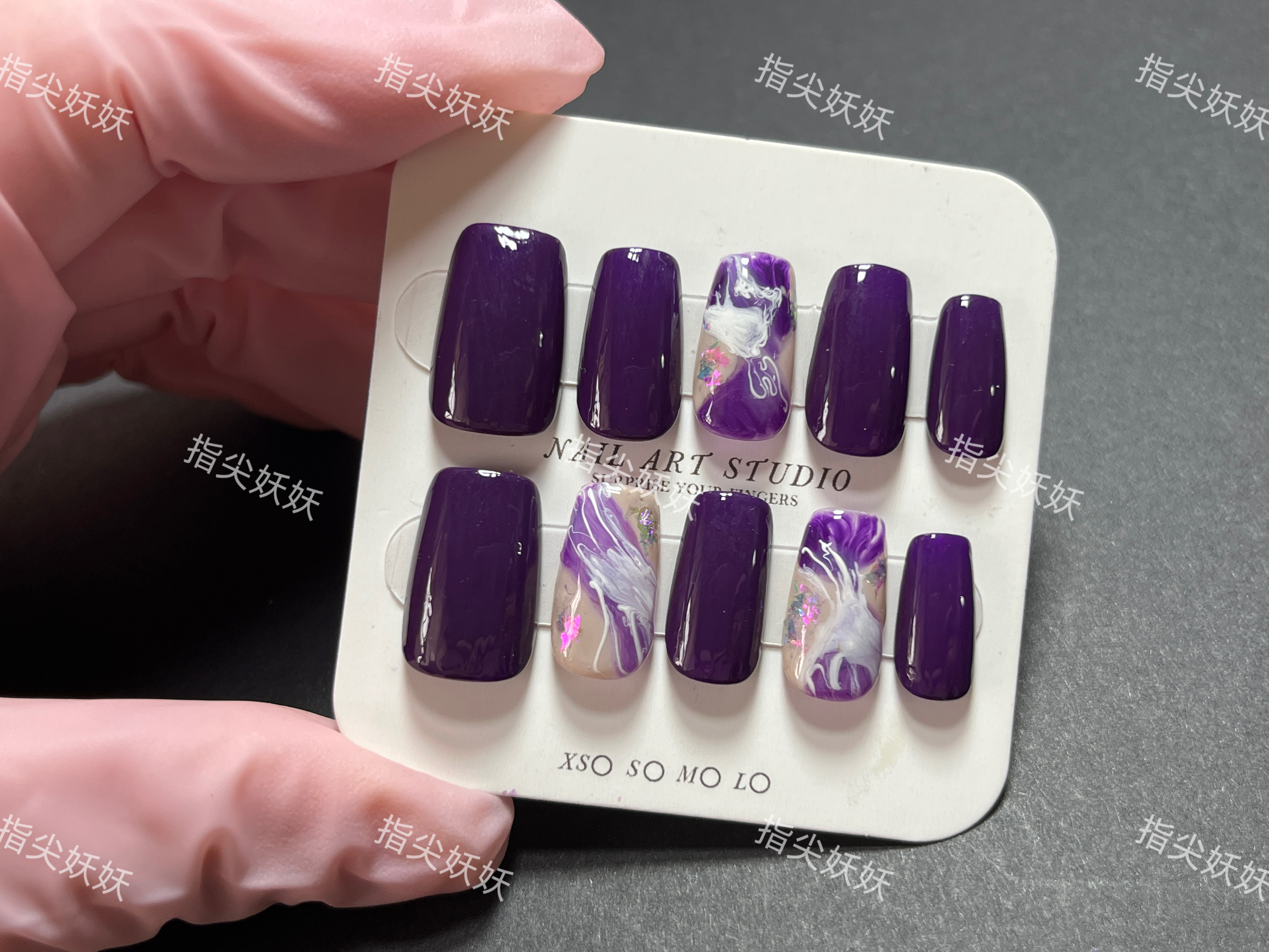 2025年新款手工手绘紫色白色晕染甲油胶爆闪穿戴甲贴片甲片显白