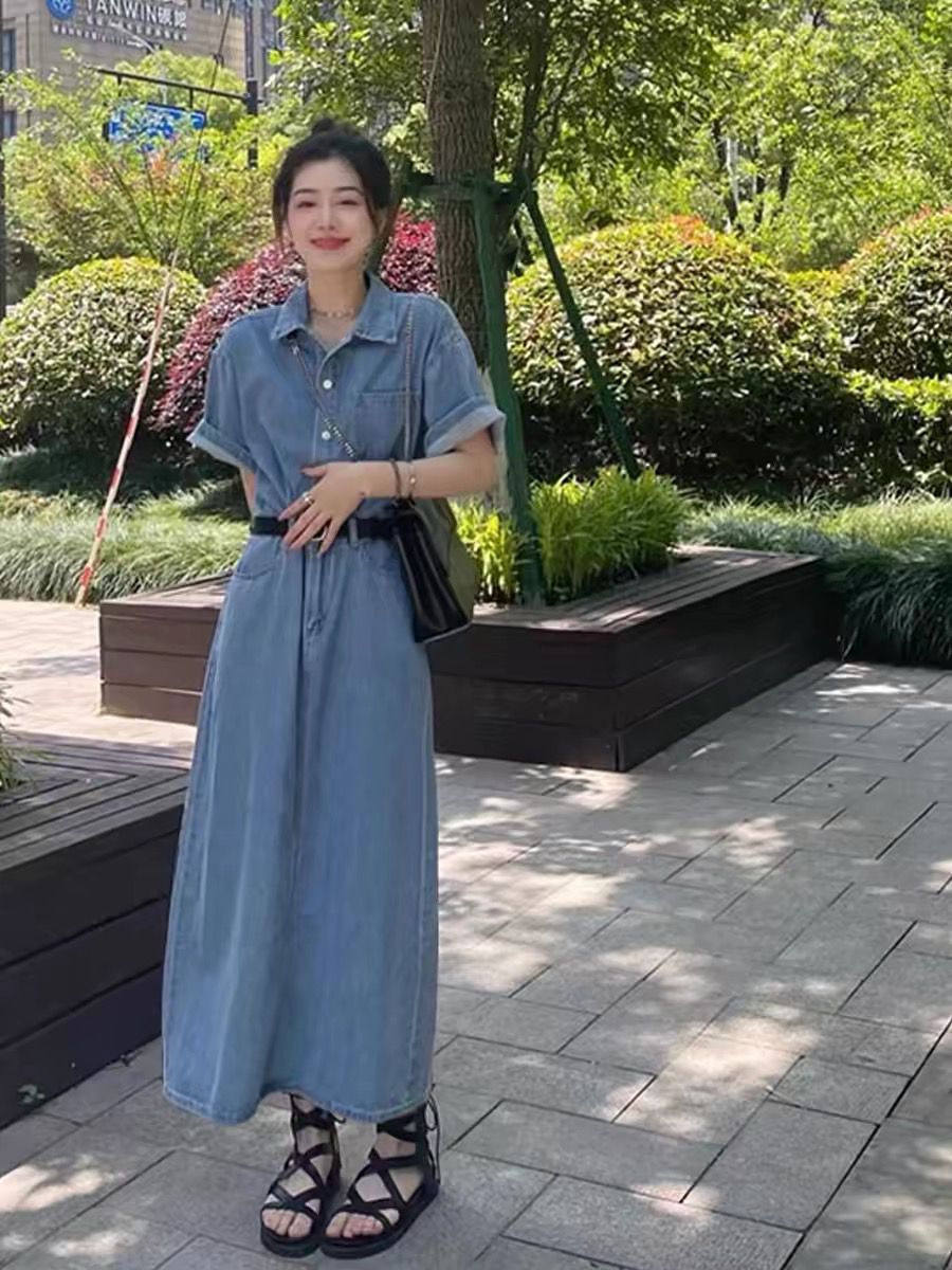 高个子170新款显瘦气质衬衫裙女设计感长裙感宽松牛仔连衣长裙子