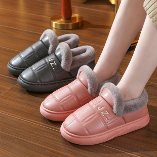 棉鞋 防水防滑厚底情侣加绒保暖带跟皮面男士 女包跟冬季 老人棉拖鞋