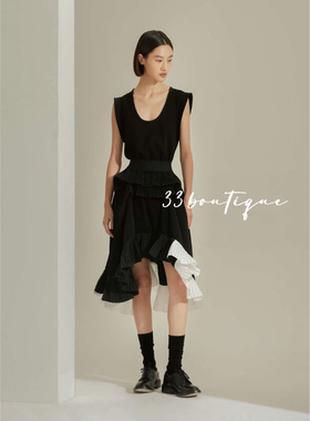 现货!by FANG 设计师品牌 SS23黑色压褶边花边高级气质半身裙