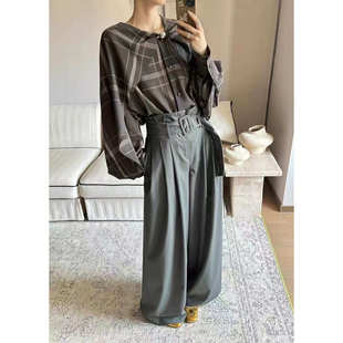 西裤 现货 墨绿色羊毛超高腰打褶宽松阔腿裤 Sonata 正品 Cello