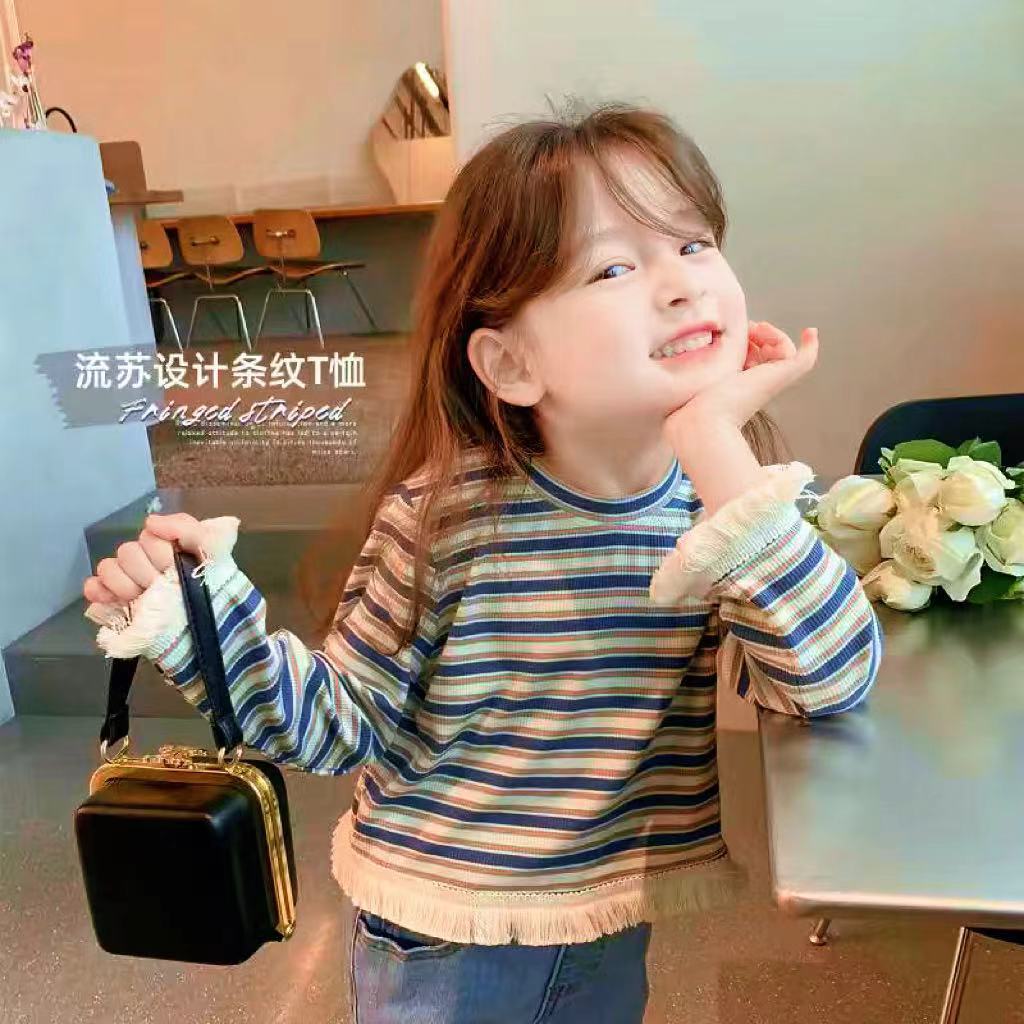 三折品牌特价清仓撤柜亲子装中小童秋冬纯棉条纹长袖流苏时尚T恤
