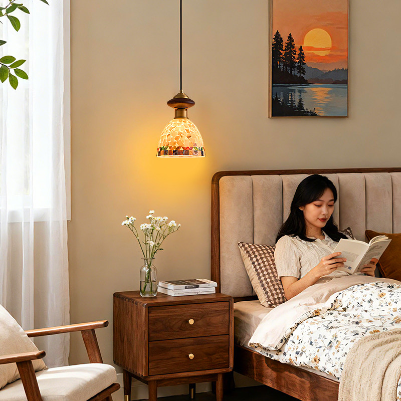 中古风卧室床头吊线灯升降法式复古胡桃木贝壳餐厅吧台玄关过道灯,家装灯饰光源,床头/玄关/吧台/过道吊灯,淘宝优惠券,粉丝福利购,淘宝优惠卷
