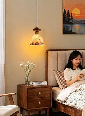 中古风卧室床头吊线灯升降法式复古胡桃木贝壳餐厅吧台玄关过道灯