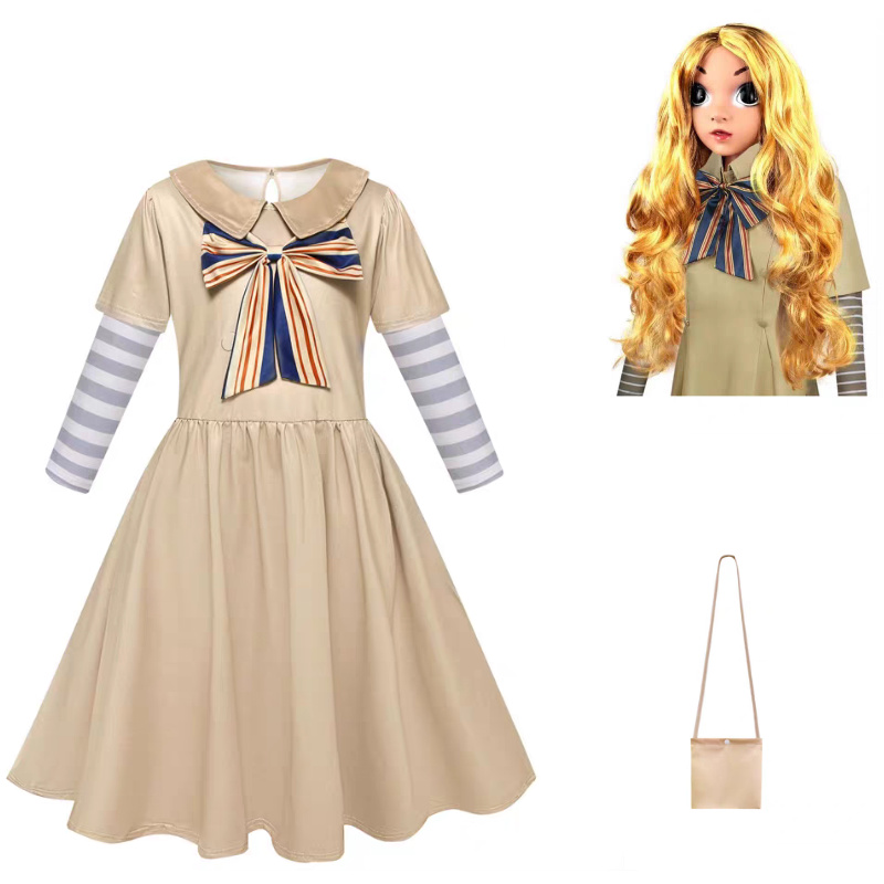 M3GAN梅根新款儿童假两件翻领裙cosplay假发女童蝴蝶结长袖连衣裙