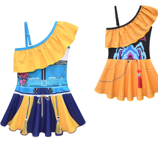 Kpop猎魔女团儿童泳衣女童斜肩防晒泳装女孩宝宝鲁米Rumi游泳衣