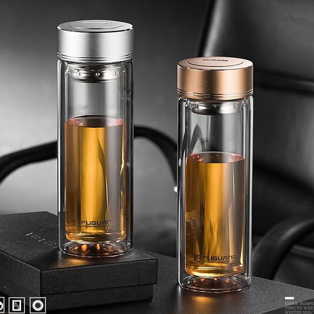 富光双层商务办公透明带盖玻璃杯