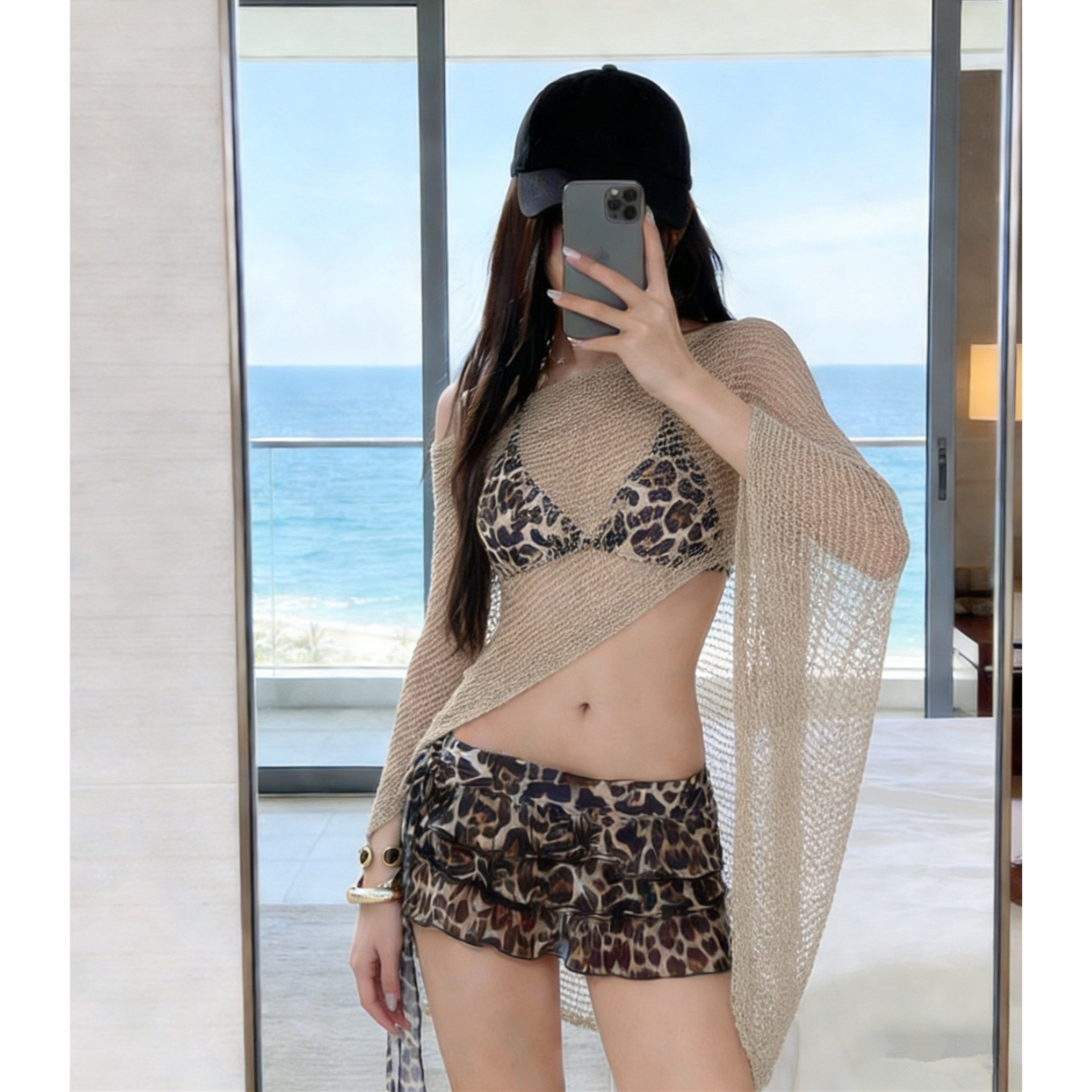 新款欧美豹纹比基尼三件套小胸聚拢显瘦温泉沙滩度假分体游泳衣女