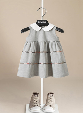 女童夏装背心裙洋气灰色蓬蓬裙连衣裙宝宝裙子伯米吉英伦风童装