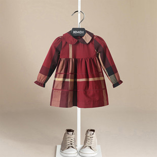 美拉德女童连衣裙伯米吉童装 女宝宝娃娃领公主裙洋气格子裙 春秋装