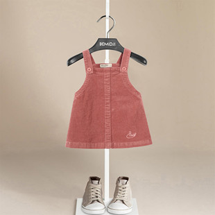 伯米吉春装 女童背带裙灯芯绒粉色吊带裙洋气可爱女宝宝连衣裙童装