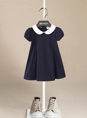 女童夏装连衣裙伯米吉童装学院风童裙深蓝色纯棉短袖儿童公主裙