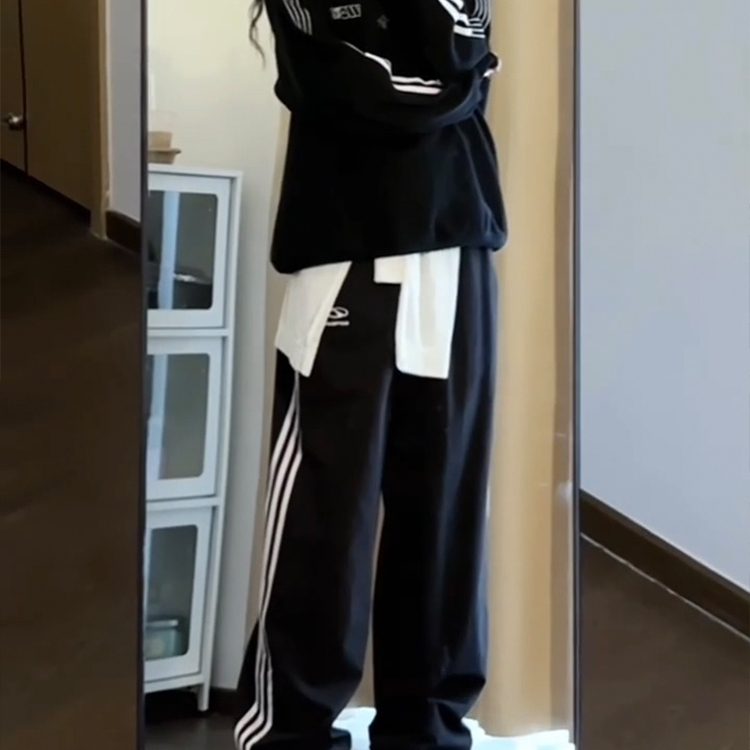 学院风休闲运动服套装女春秋美式复古圆领卫衣卫裤学生跑步两件套