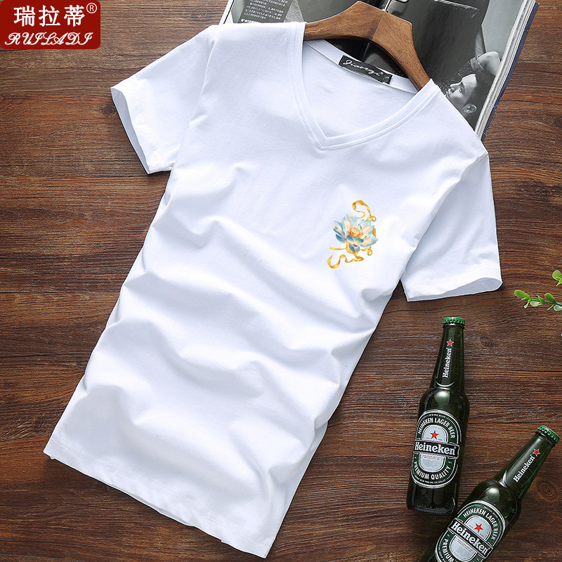 夏季新款短袖t恤男纯棉修身v领中国风荷花半截袖青年套头上衣服潮
