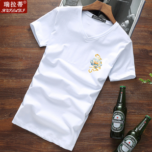 夏季新款短袖t恤男纯棉修身v领中国风荷花半截袖青年套头上衣服潮