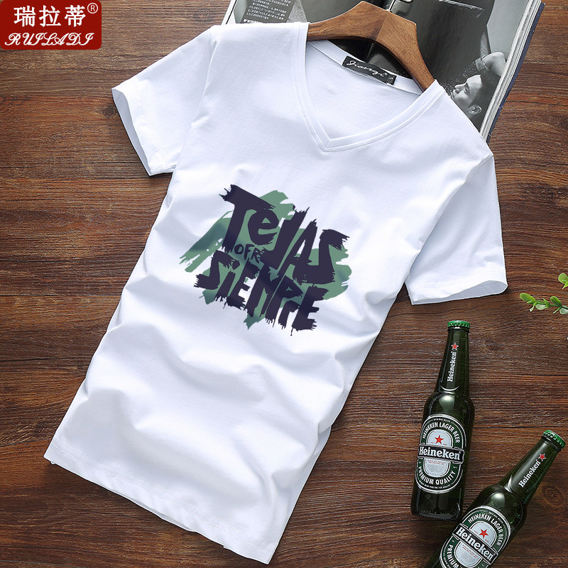夏季修身v领短袖t恤男ins时尚潮流印花纯棉半袖青年鸡心领上衣服