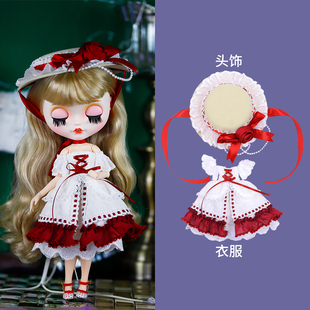 ICY 蓬蓬裙19关节ob24娃衣 DBS小布娃娃复古宫廷洛丽塔红白套装