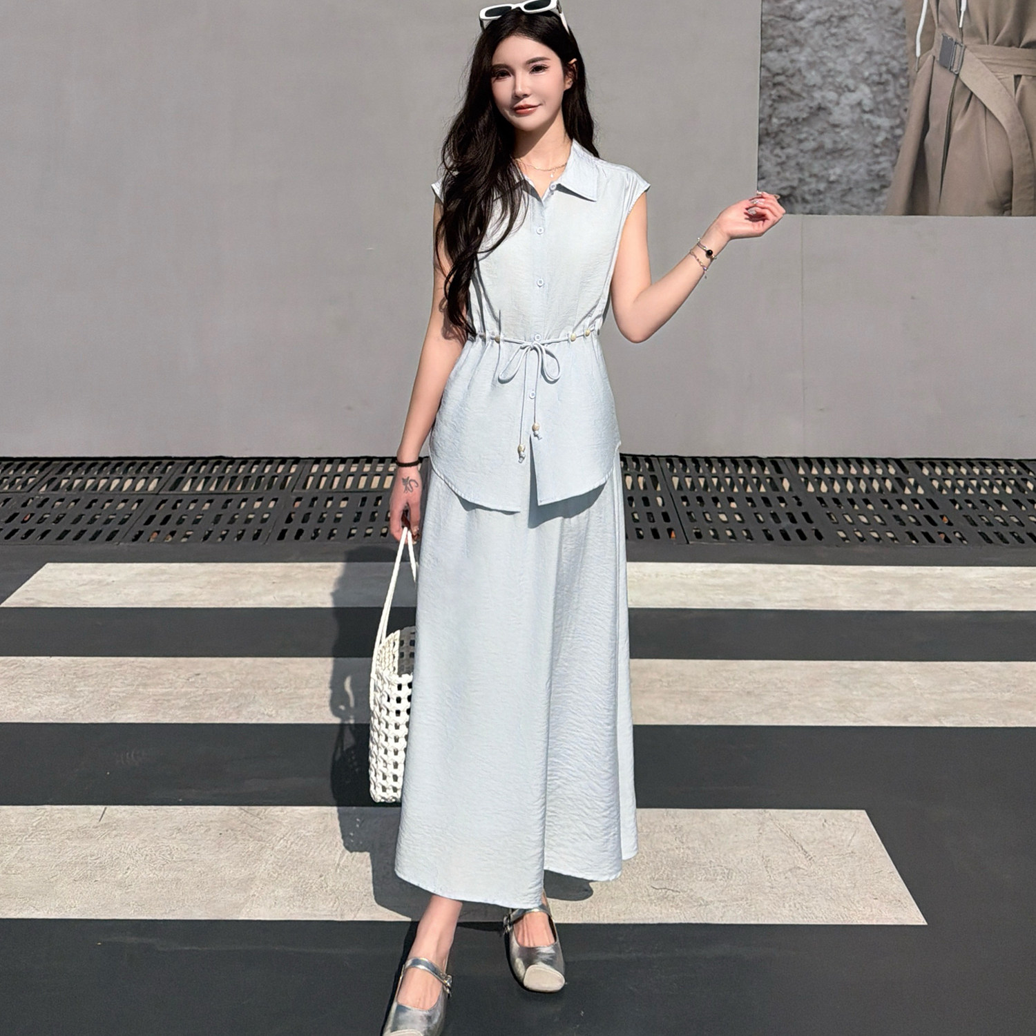 气质两件套装裙女2026夏季新款韩式连衣裙无袖收腰衬衫+A字半身裙