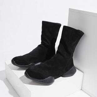 欧美春秋新款女靴子中筒瘦腿靴弹力布毛绒厚底潮流马蹄鞋