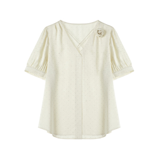 idole奕多法式别致花朵v领短袖衬衫女夏新款波点洋气小衫气质上衣