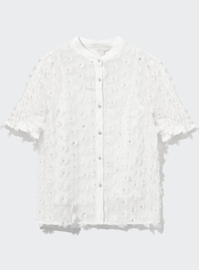 velwin蔚雯五分袖立领白色衬衫两件套女夏季新款花瓣气质甜美上衣