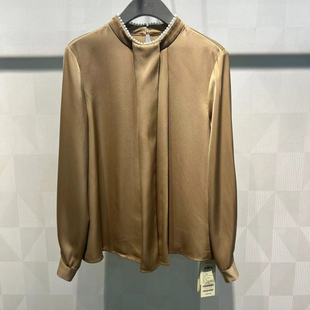 idole奕多秋季新款法式复古珍珠立领褶皱长袖衬衫女通勤气质上衣