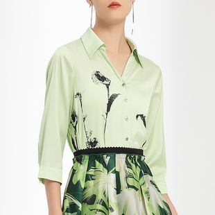 伊诗夏兰薇v领五分袖印花衬衫女春秋季新款通勤缎面衬衣气质上衣