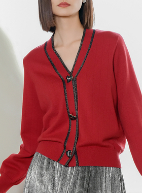 idole奕多2023冬新款红色小香风v领针织衫女通勤开衫慵懒毛衣外套