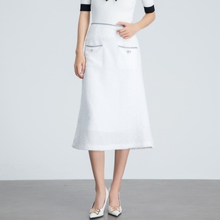 idole奕多秋季新款小香风白色半身裙女通勤高腰显瘦中长款a字裙子