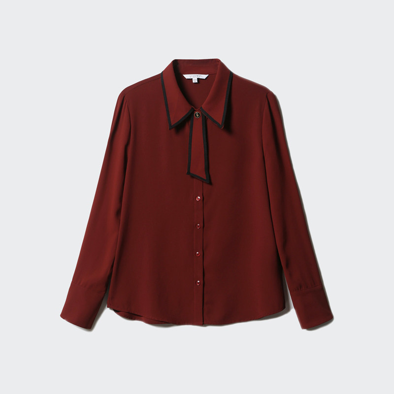lagogo暗红色学院风衬衫女春秋季新款设计感衬衣长袖减龄别致上衣