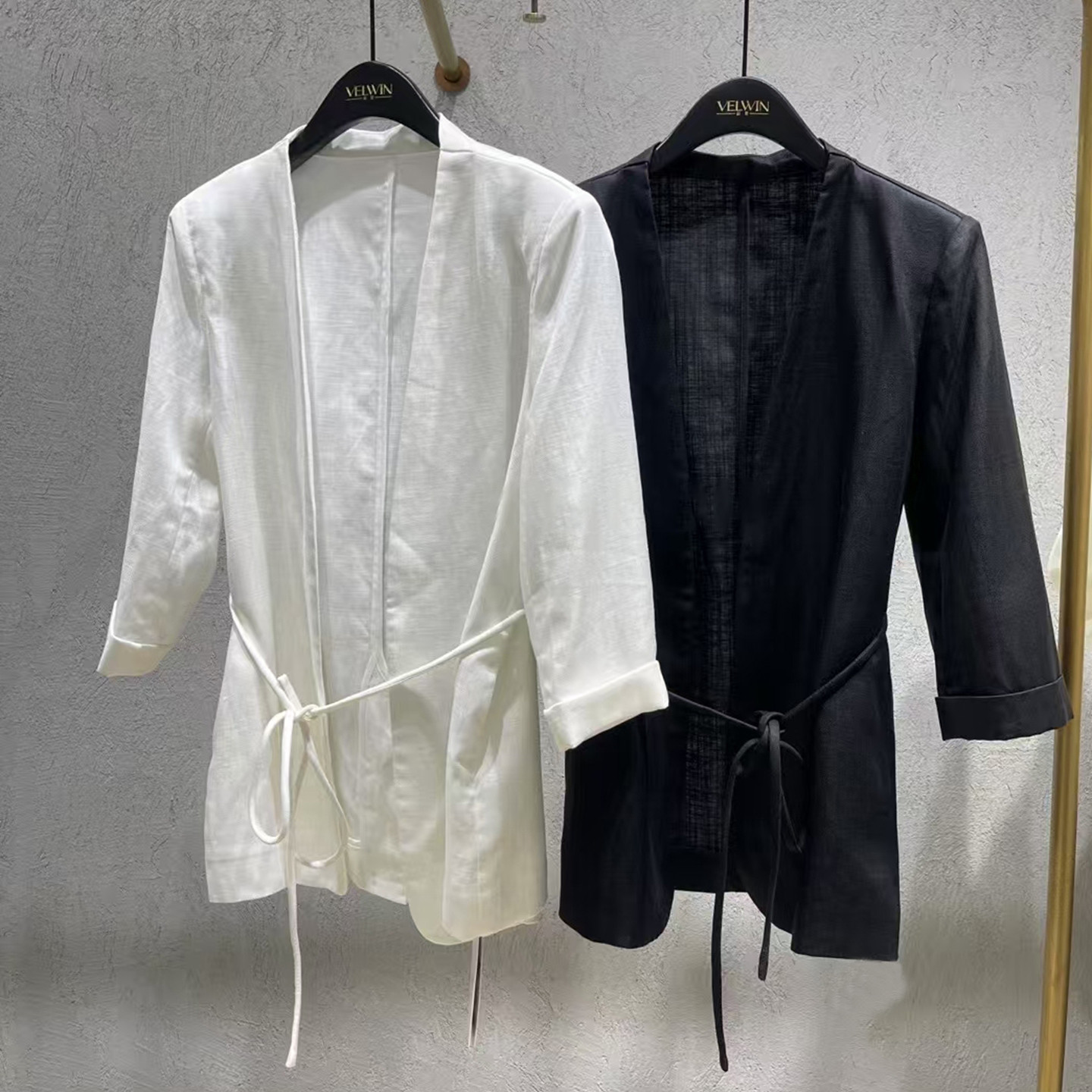 velwin蔚雯法式v领系带西装外套女2025夏季新款百搭薄款气质上衣
