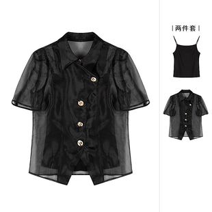 idole奕多设计感小众黑色上衣两件套女夏季新款衬衫吊带气质套装