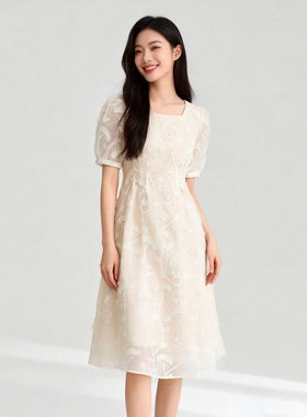 velwin蔚雯法式浪漫短袖连衣裙女夏新款收腰显瘦中长款气质a字裙