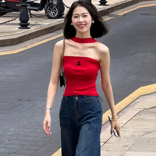 韩国Restandrecreation抹胸背心女夏季甜辣露肩挂脖修身针织上衣