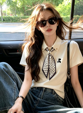 韩国Restandrecreation短袖T恤女夏季杏色丝巾polo领宽松正肩上衣