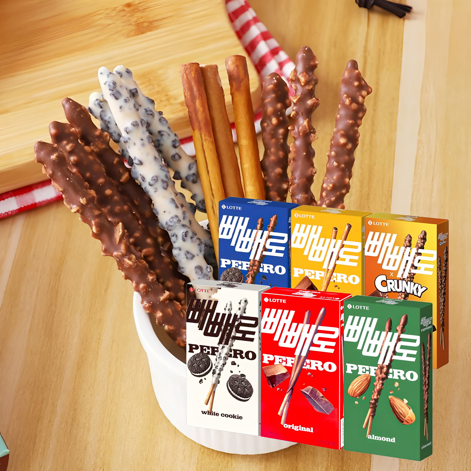 韩国进口乐天杏仁巧克力棒32g/盒咖啡伴侣饼干零食小吃 休闲食品