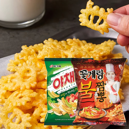 韩国进口宾格瑞螃蟹形状膨化脆花蟹片辣味蔬菜味70g休闲办公零食