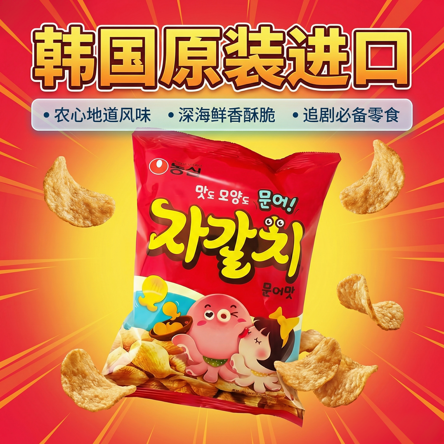 韩国进口零食膨化农心章鱼片脆片鱿鱼香脆可口虾条90g办公室食品
