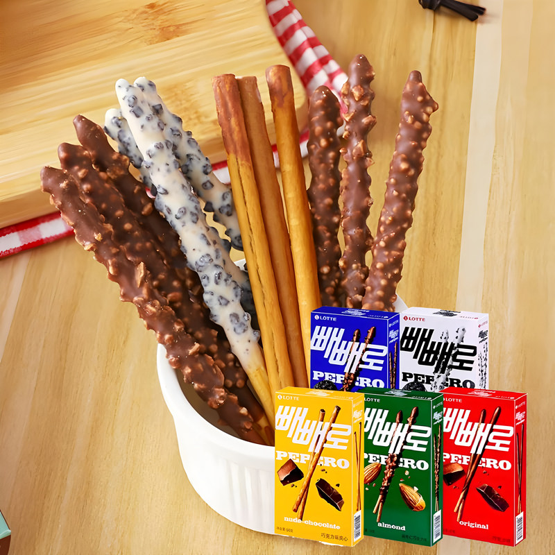 韩国进口休闲零食小吃乐天派派乐扁桃仁注心涂层装饰巧克力饼干棒