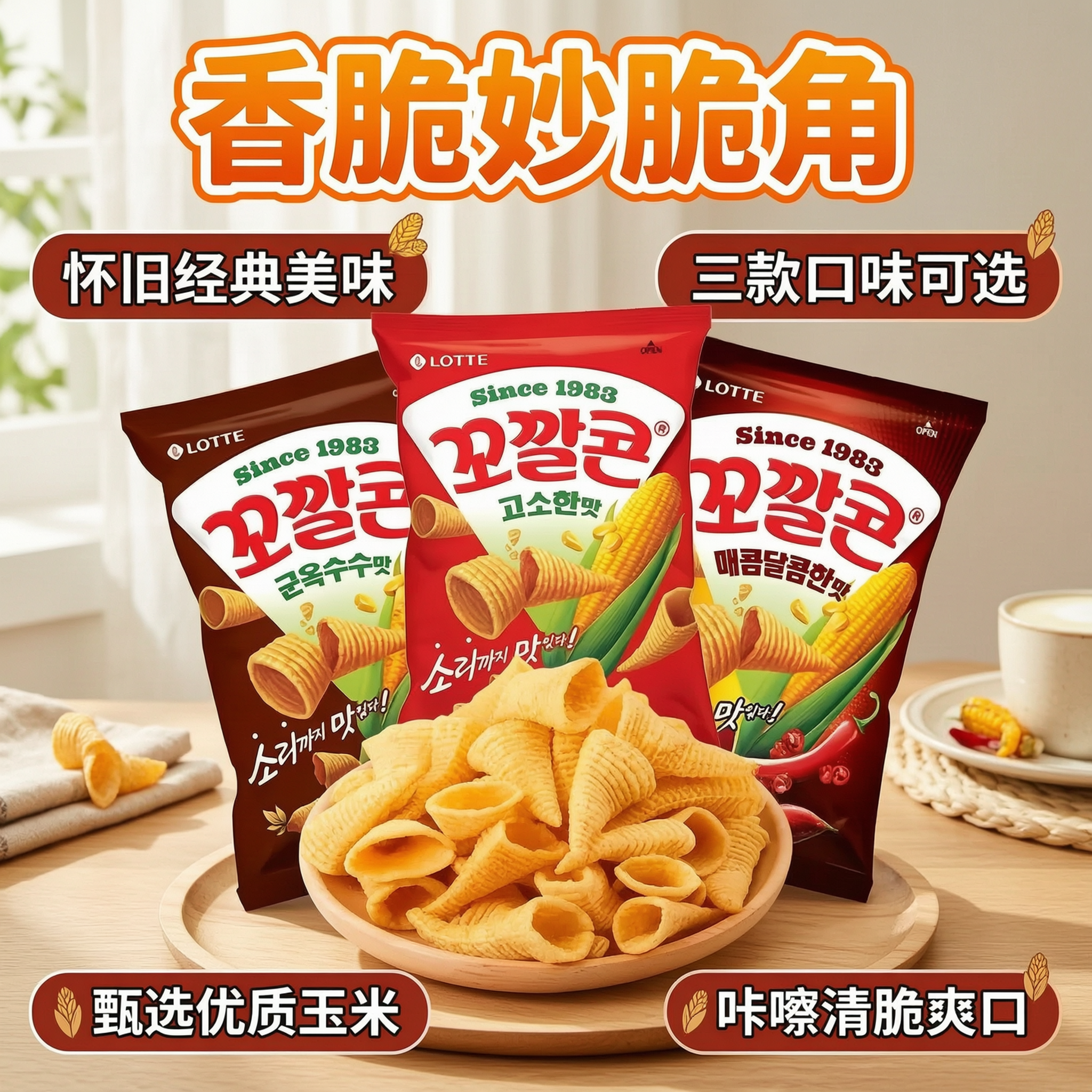 韩国进口食品乐天脆脆角67g玉米味辣味膨化食品休闲零食网红小吃