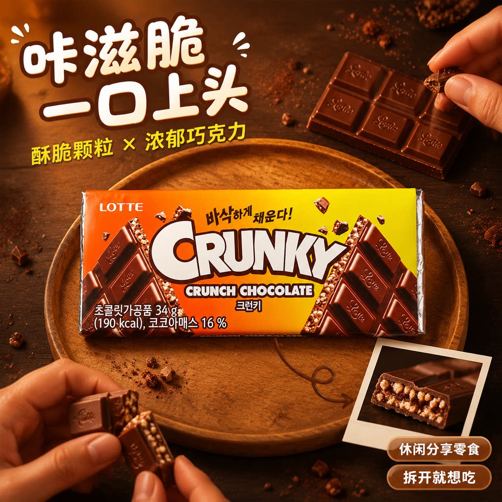 韩国进口乐天脆米巧克力块零食黑巧大板夹心糖果34g板装EXO代言