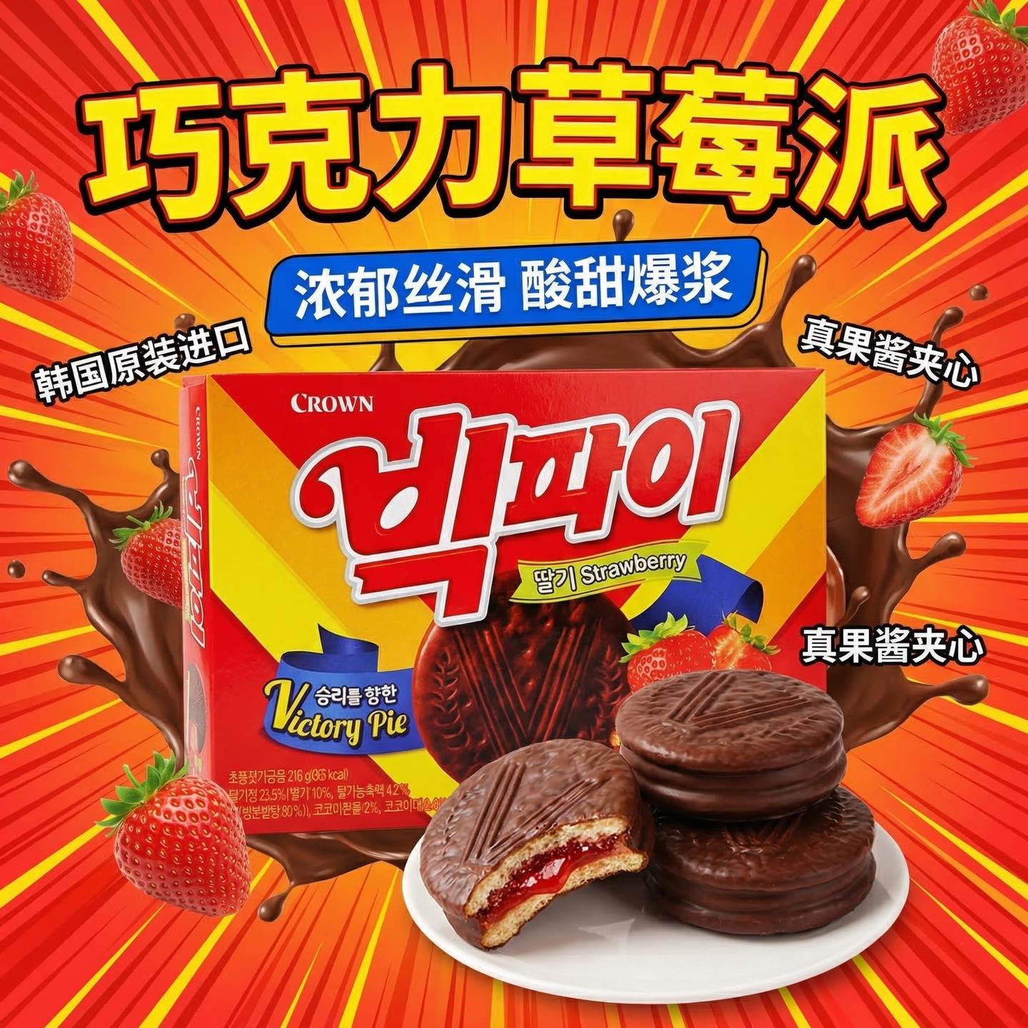 韩国进来零食克丽安草莓夹心巧克力饼干216g独立包装休闲网红食